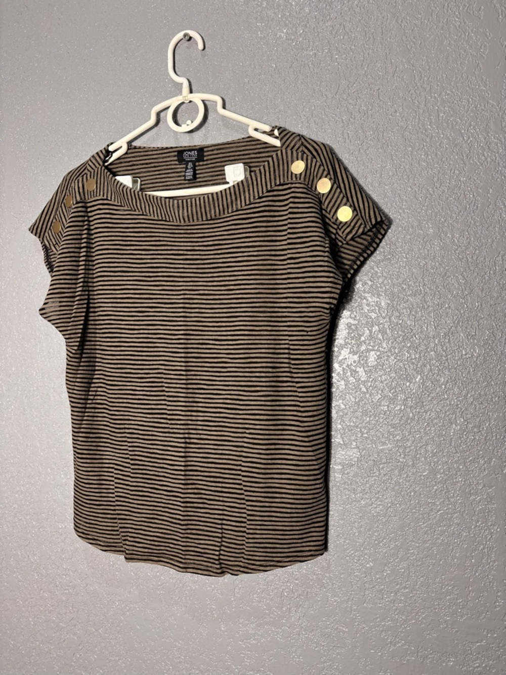 Jones New York Black and Tan Striped Short Sleeve Top with Gold Buttons